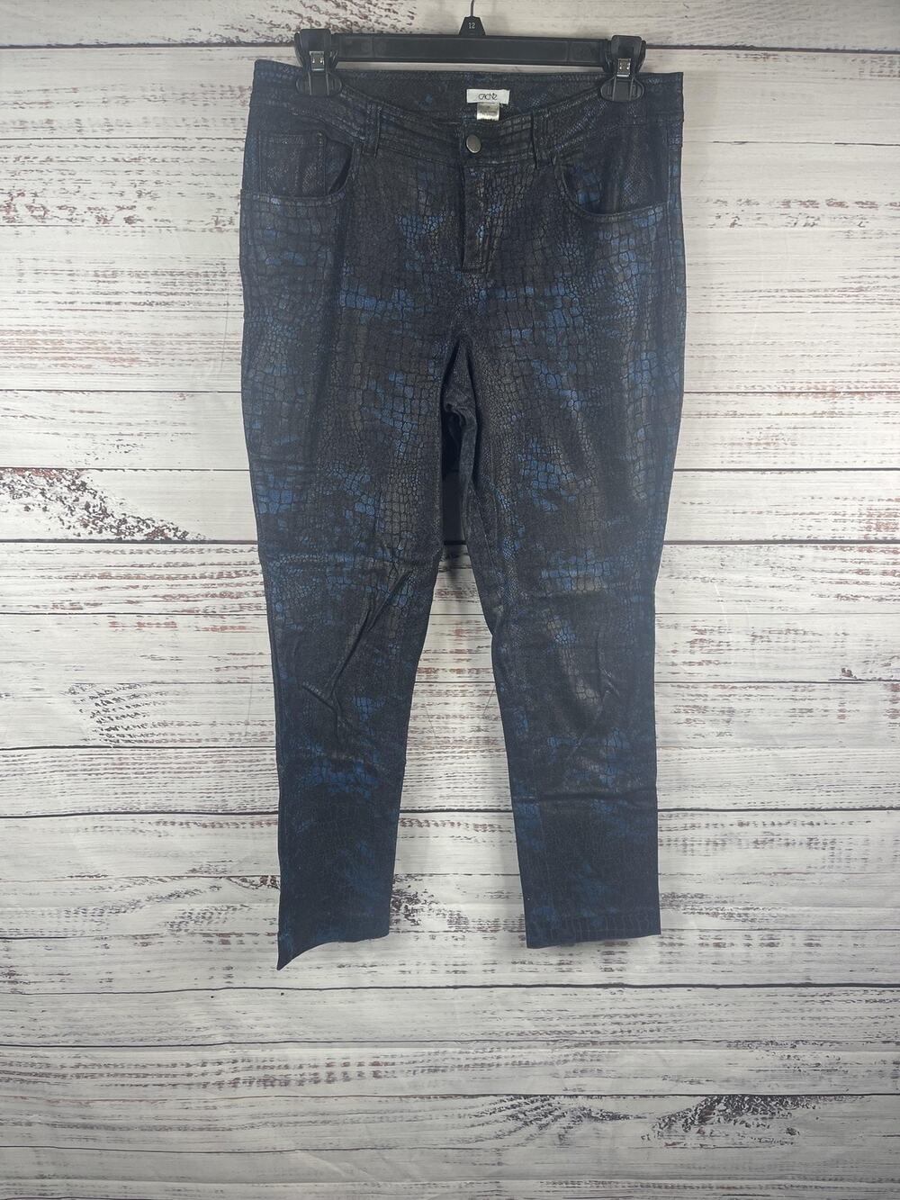 Cache Jeans Women's SZ 12 Black Blue Snake Print High Rise Skinny Stretch Denim